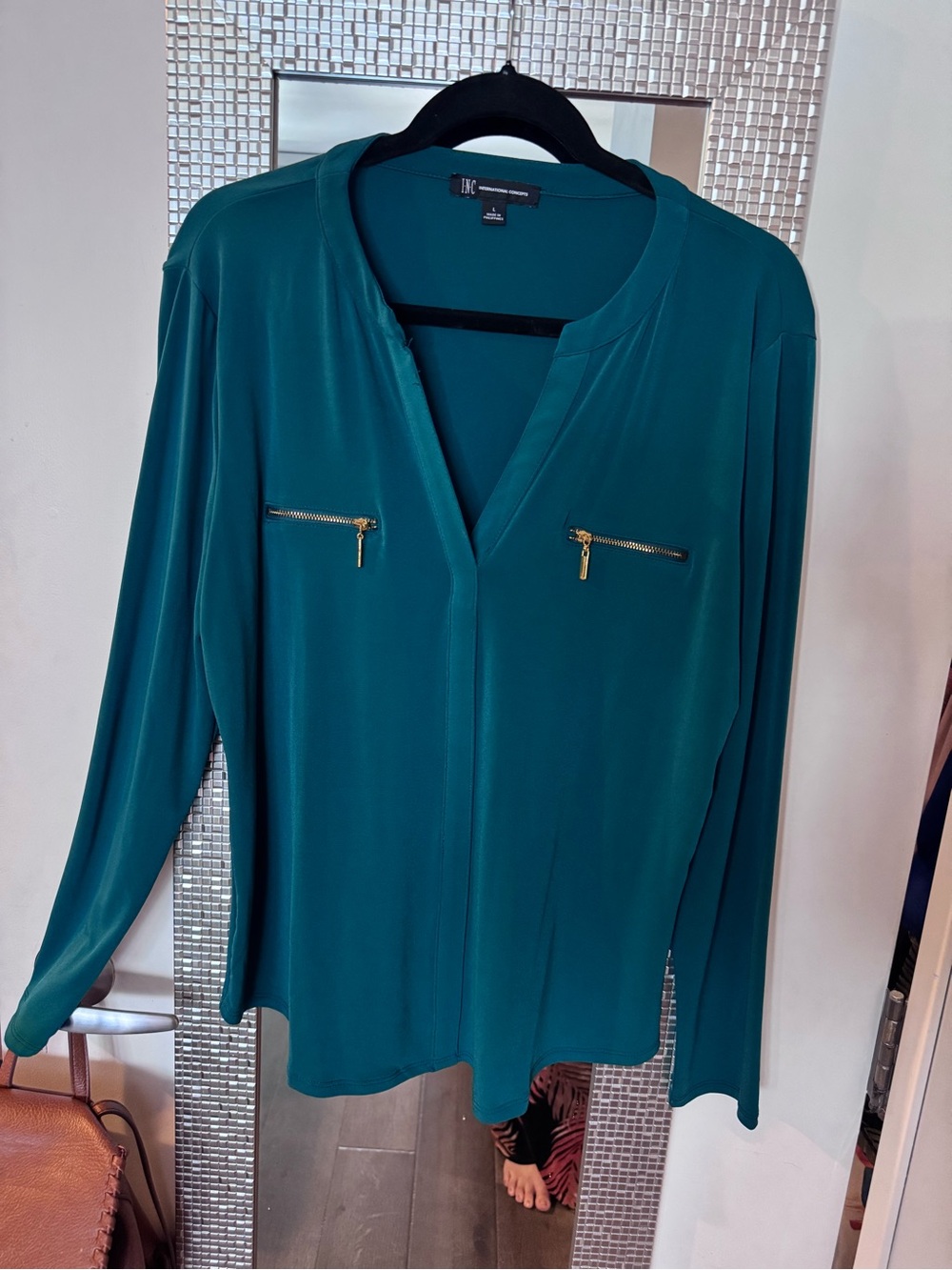 INC International Concepts, Emerald green V-Neck Blouse with Gold Zipper Accents